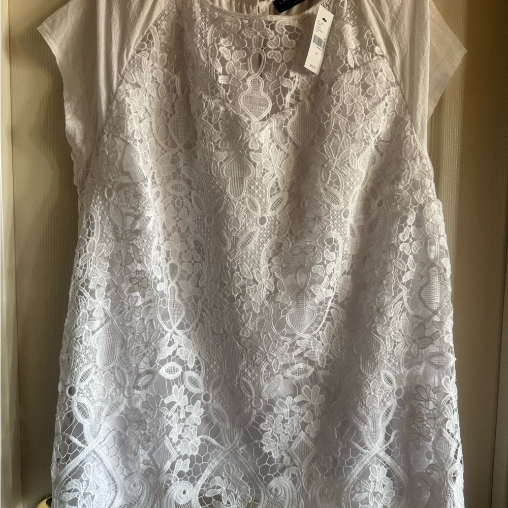 Lane Bryant White Lace Blouse with Cap Sleeves and Embellished Design